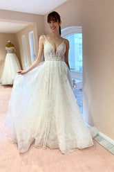 Simple A-Line V-neck Tulle Lace Open Back Long Wedding Dresses
